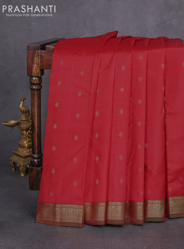 Pure kanchipuram silk saree red and green with allover zari woven 1000 buttas and small zari woven border