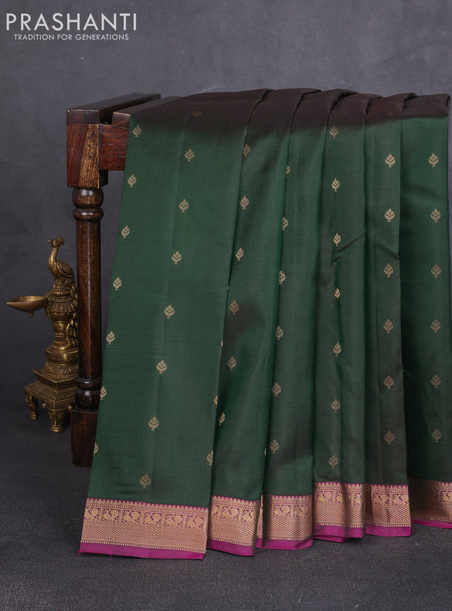Pure kanchipuram silk saree bottle green and magenta pink with allover zari woven 1000 buttas and small zari woven border