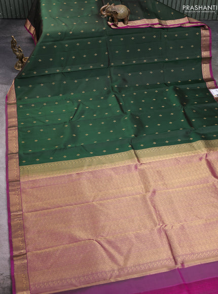 Pure kanchipuram silk saree bottle green and magenta pink with allover zari woven 1000 buttas and small zari woven border