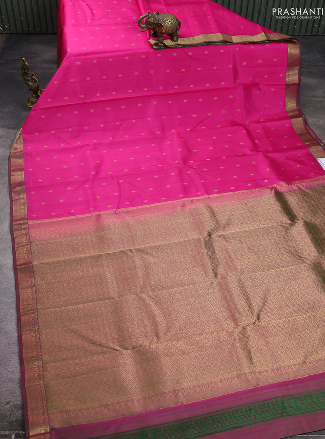 Pure kanchipuram silk saree pink and dual shade of green with allover zari woven 1000 buttas and small zari woven border