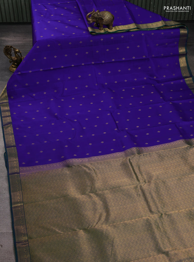 Pure kanchipuram silk saree royal blue and green with allover zari woven 1000 buttas and small zari woven border
