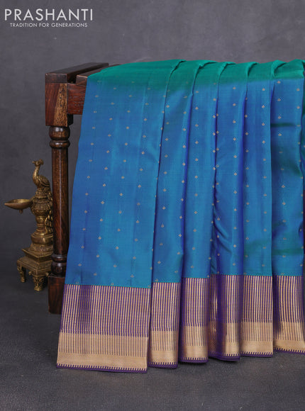 Pure kanchipuram silk saree dual shade bluish green and violet with allover zari woven 1000 buttas and zari woven border