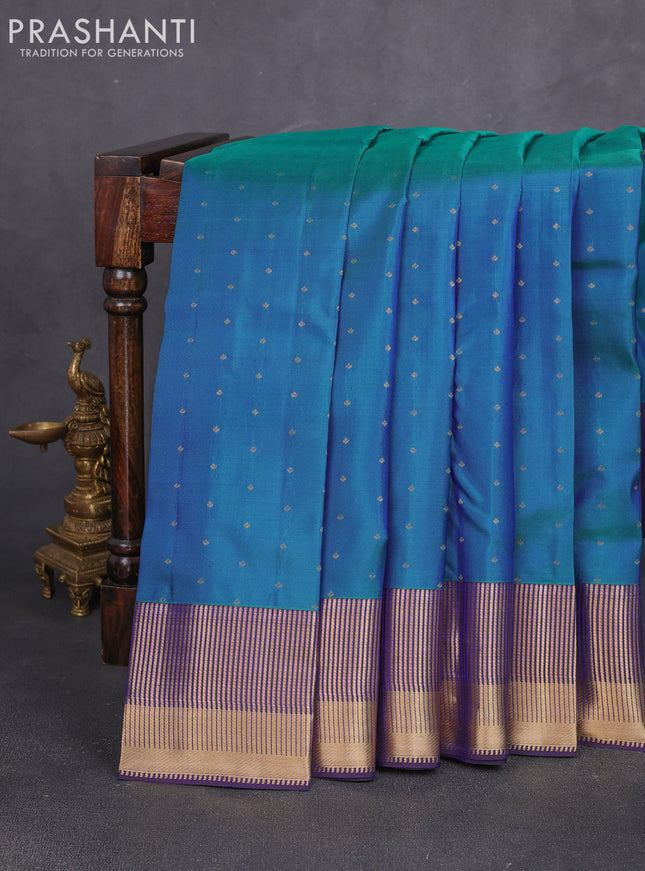Pure kanchipuram silk saree dual shade bluish green and violet with allover zari woven 1000 buttas and zari woven border