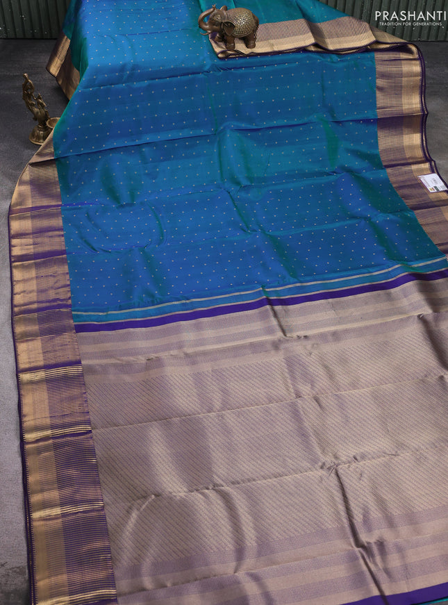 Pure kanchipuram silk saree dual shade bluish green and violet with allover zari woven 1000 buttas and zari woven border