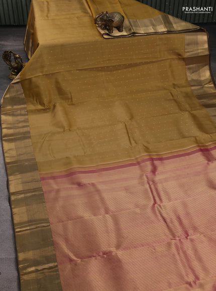 Pure kanchipuram silk saree mustard green and pink with allover zari woven 1000 buttas and zari woven border