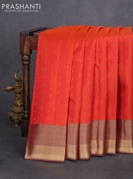 Pure kanchipuram silk saree orange and deep maroon with allover zari woven 1000 buttas and zari woven border