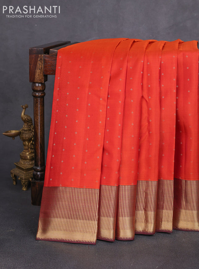 Pure kanchipuram silk saree orange and deep maroon with allover zari woven 1000 buttas and zari woven border