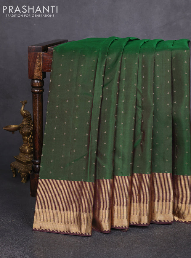 Pure kanchipuram silk saree green and coffee brown with allover zari woven 1000 buttas and zari woven border