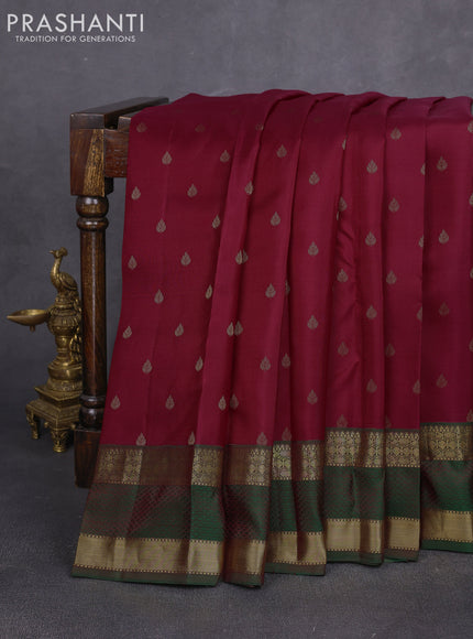 Pure kanchipuram silk saree wine shade and green with allover zari woven 1000 buttas and rettapet zari woven border
