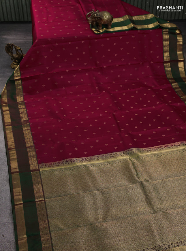 Pure kanchipuram silk saree wine shade and green with allover zari woven 1000 buttas and rettapet zari woven border