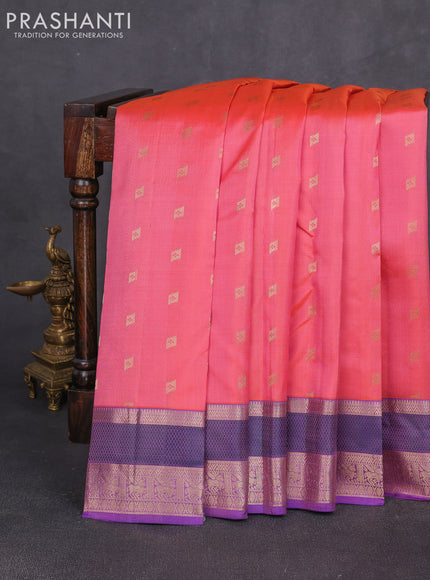 Pure kanchipuram silk saree peach shade and violet with allover zari woven 1000 buttas and zari woven border