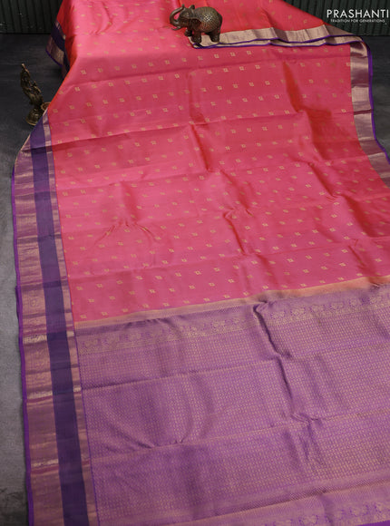 Pure kanchipuram silk saree peach shade and violet with allover zari woven 1000 buttas and zari woven border