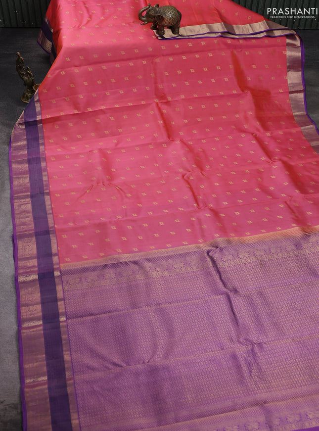 Pure kanchipuram silk saree peach shade and violet with allover zari woven 1000 buttas and zari woven border