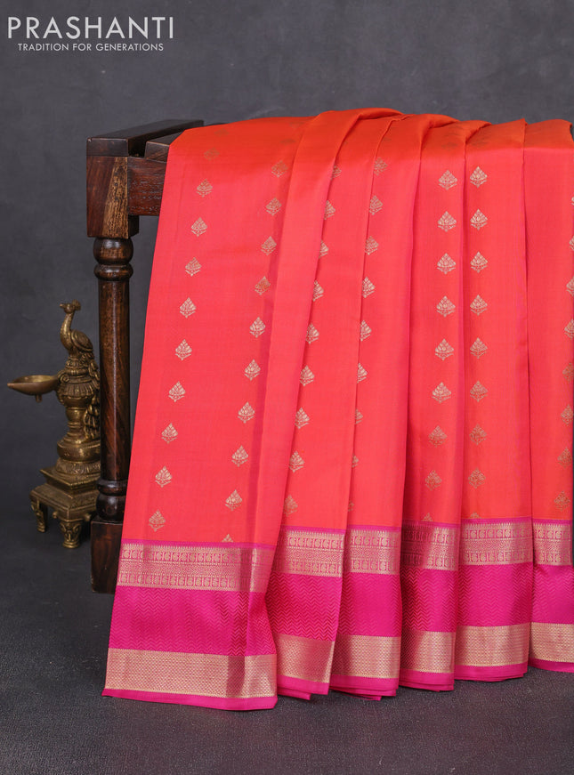 Pure kanchipuram silk saree orange and pink with allover zari woven 1000 buttas and rettapet zari woven border