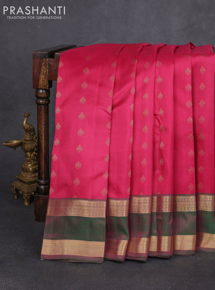 Pure kanchipuram silk saree magenta pink and green with allover zari woven 1000 buttas and rettapet zari woven border