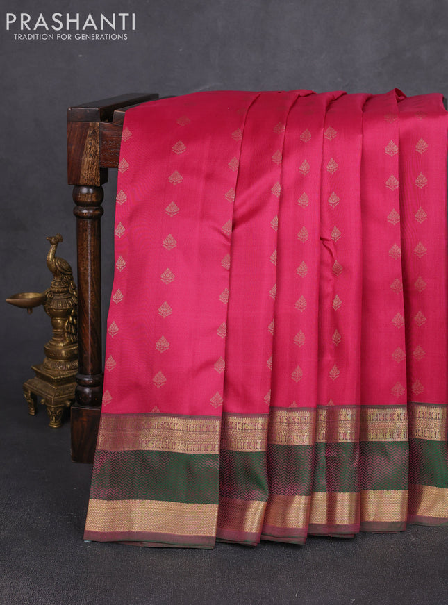 Pure kanchipuram silk saree magenta pink and green with allover zari woven 1000 buttas and rettapet zari woven border