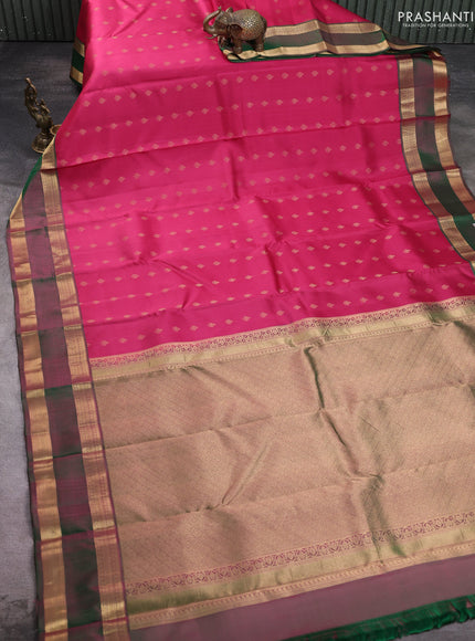 Pure kanchipuram silk saree magenta pink and green with allover zari woven 1000 buttas and rettapet zari woven border