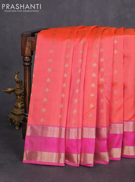 Pure kanchipuram silk saree peach orange and pink with allover zari woven 1000 buttas and rettapet zari woven border