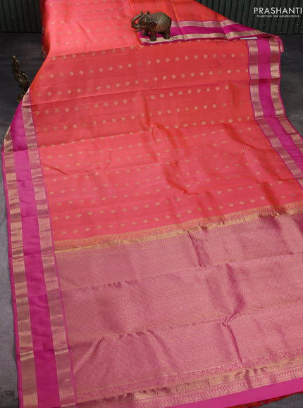 Pure kanchipuram silk saree peach orange and pink with allover zari woven 1000 buttas and rettapet zari woven border