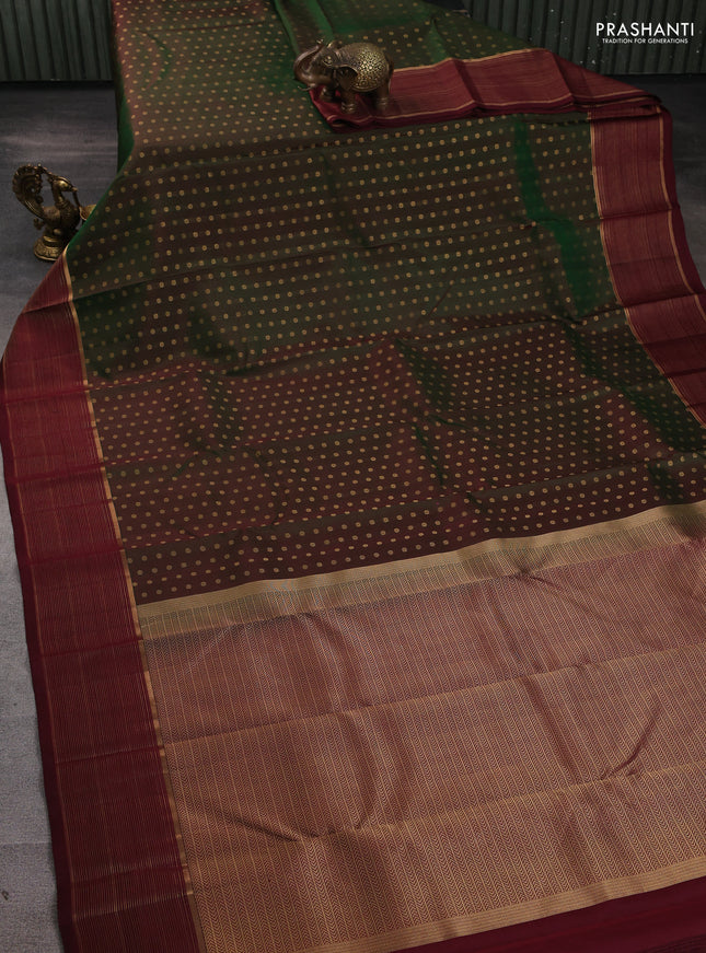 Pure kanchipuram silk saree manthulier green and deep maroon with allover zari woven 1000 buttas and zari woven border