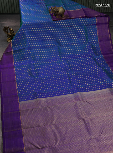Pure kanchipuram silk saree dual shade of bluish green and violet with allover zari woven 1000 buttas and zari woven border