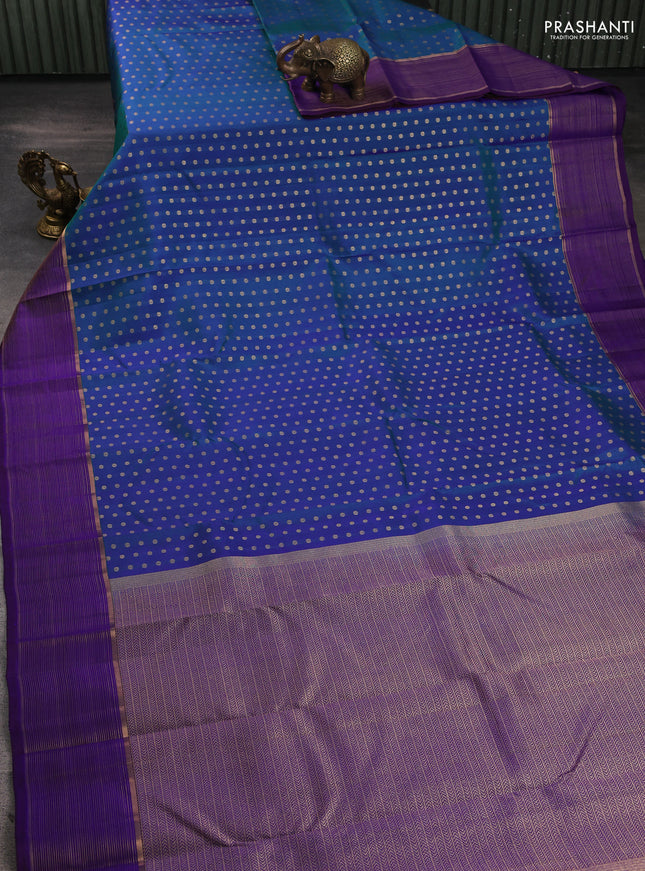 Pure kanchipuram silk saree dual shade of bluish green and violet with allover zari woven 1000 buttas and zari woven border