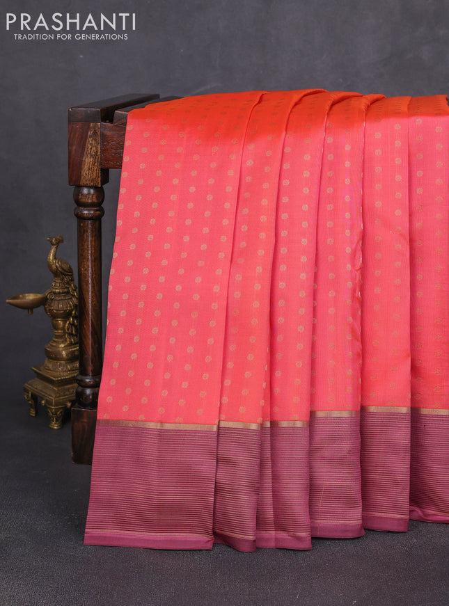 Pure kanchipuram silk saree peach orange and rosy brown with allover zari woven 1000 buttas and zari woven border