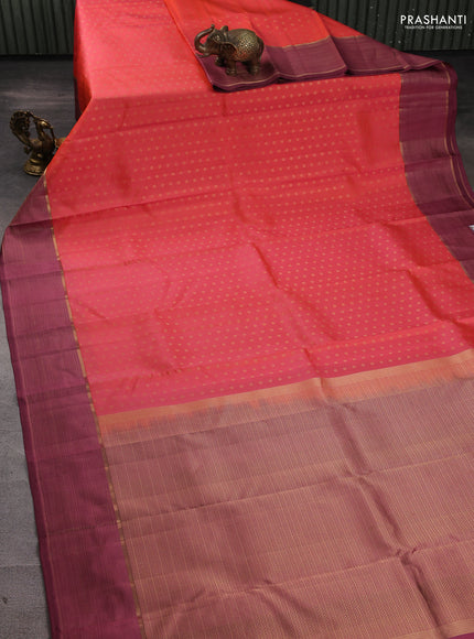 Pure kanchipuram silk saree peach orange and rosy brown with allover zari woven 1000 buttas and zari woven border
