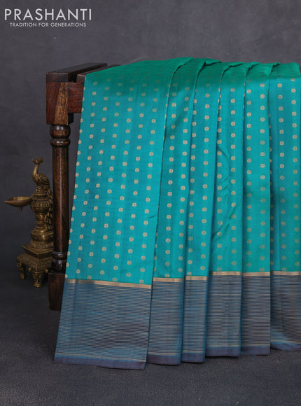 Pure kanchipuram silk saree green and teal blue with allover zari woven 1000 buttas and zari woven border