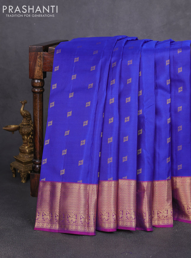 Pure kanchipuram silk saree royal blue and magenta pink with allover zari woven 1000 buttas and zari woven border