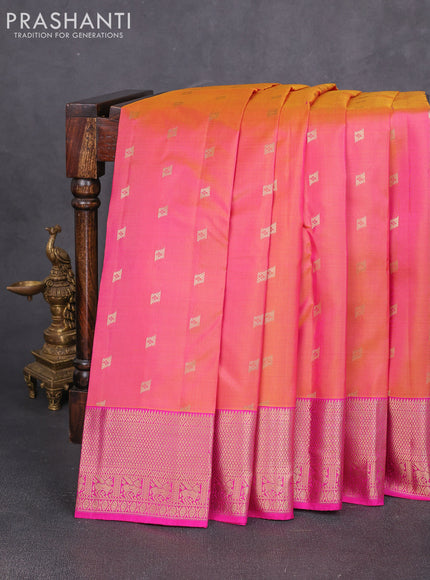 Pure kanchipuram silk saree dual shade of pinkish orange and pink with allover zari woven 1000 buttas and zari woven border