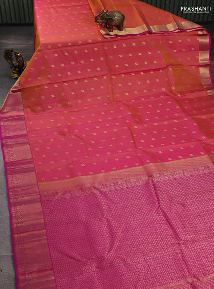 Pure kanchipuram silk saree dual shade of pinkish orange and pink with allover zari woven 1000 buttas and zari woven border
