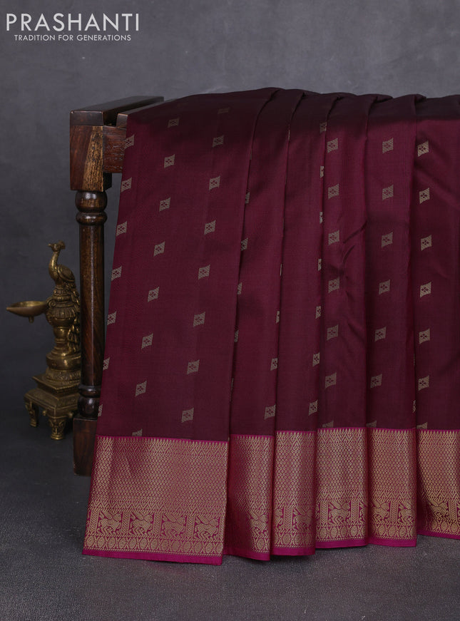 Pure kanchipuram silk saree deep wine shade and pink with allover zari woven 1000 buttas and zari woven border