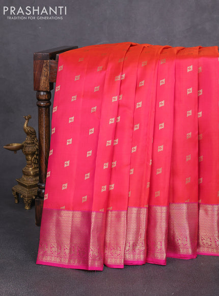 Pure kanchipuram silk saree dual shade of pinkish orange and pink with allover zari woven 1000 buttas and zari woven border