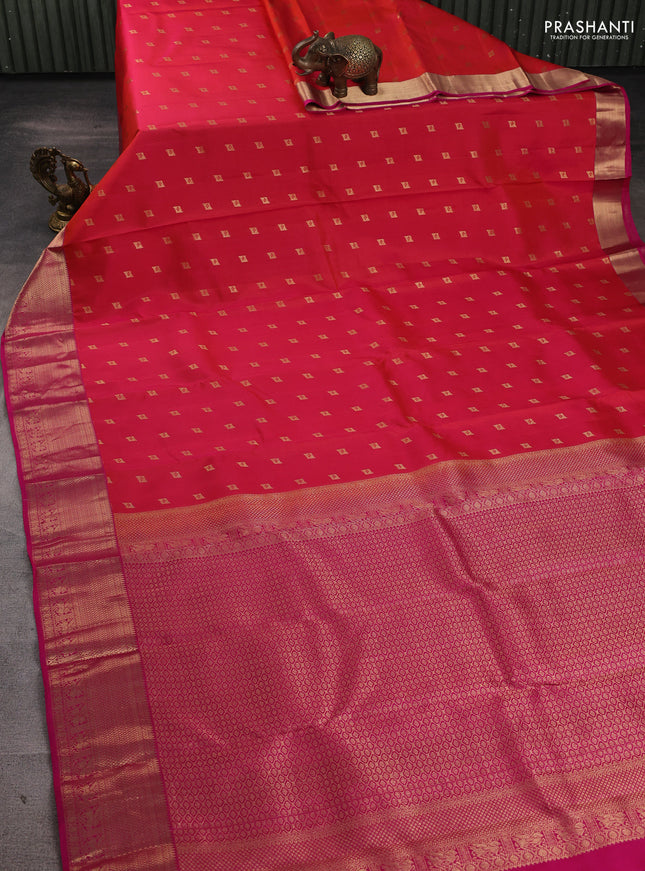 Pure kanchipuram silk saree dual shade of pinkish orange and pink with allover zari woven 1000 buttas and zari woven border