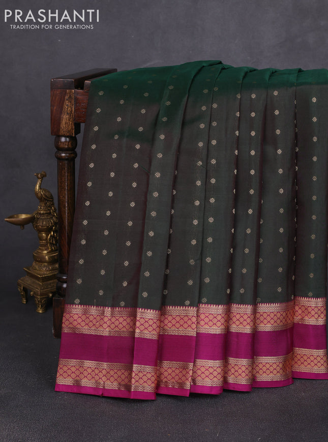 Pure kanchipuram silk saree bottle green and magenta pink with allover zari woven 1000 buttas and rettapet zari woven border