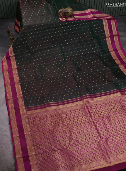 Pure kanchipuram silk saree bottle green and magenta pink with allover zari woven 1000 buttas and rettapet zari woven border