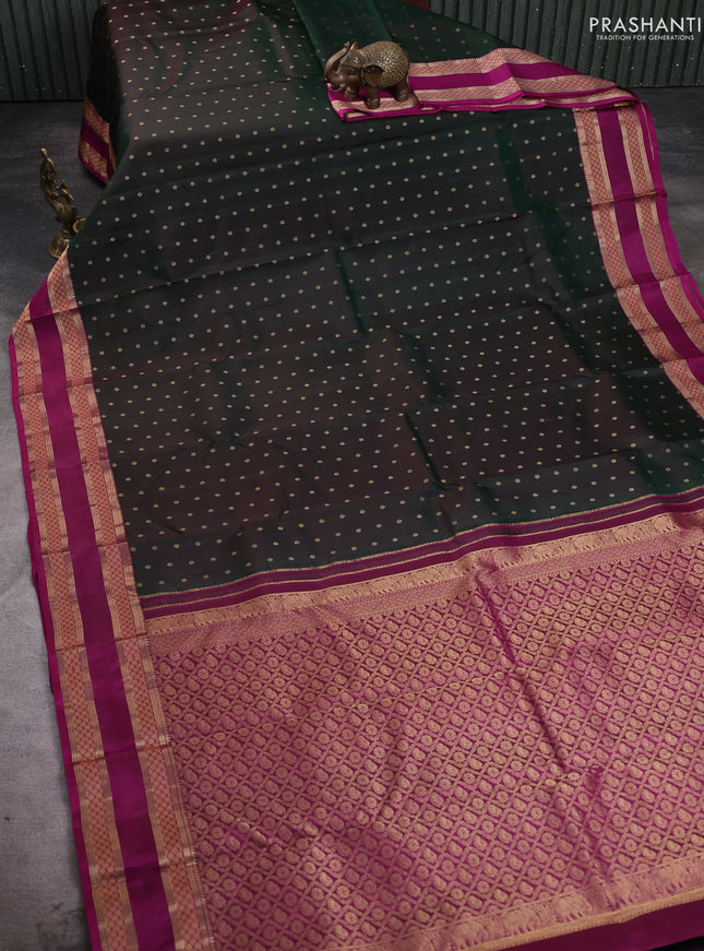 Pure kanchipuram silk saree bottle green and magenta pink with allover zari woven 1000 buttas and rettapet zari woven border