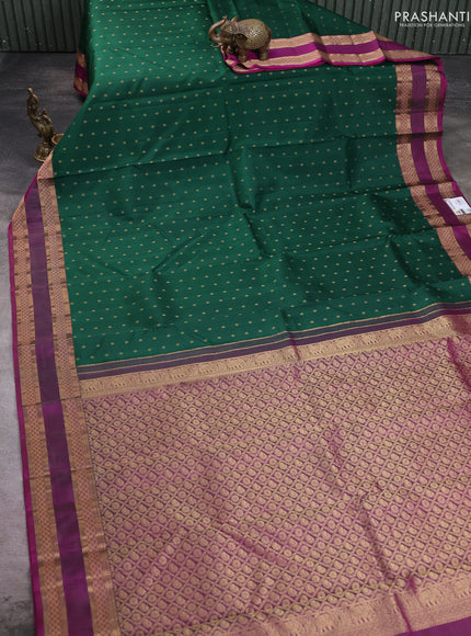Pure kanchipuram silk saree bottle green and magenta pink with allover zari woven 1000 buttas and rettapet zari woven border