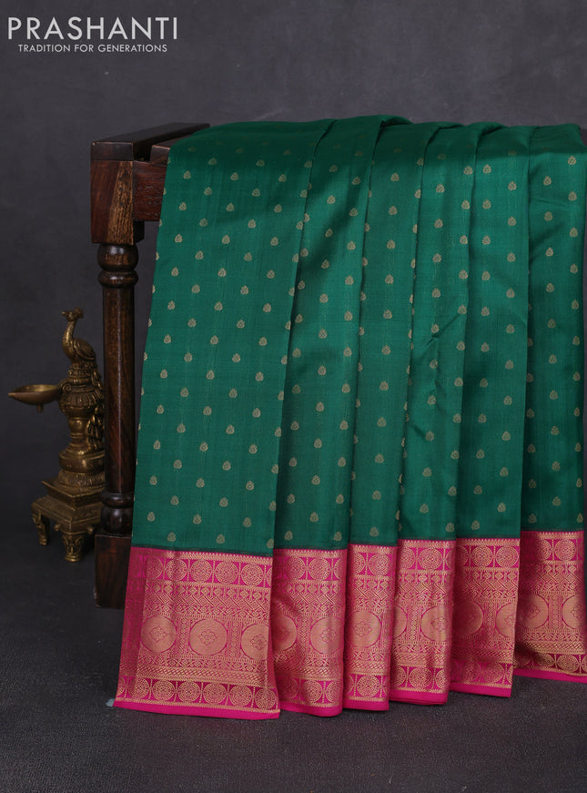 Pure kanchipuram silk saree bottle green and pink with allover zari woven 1000 buttas and zari woven border