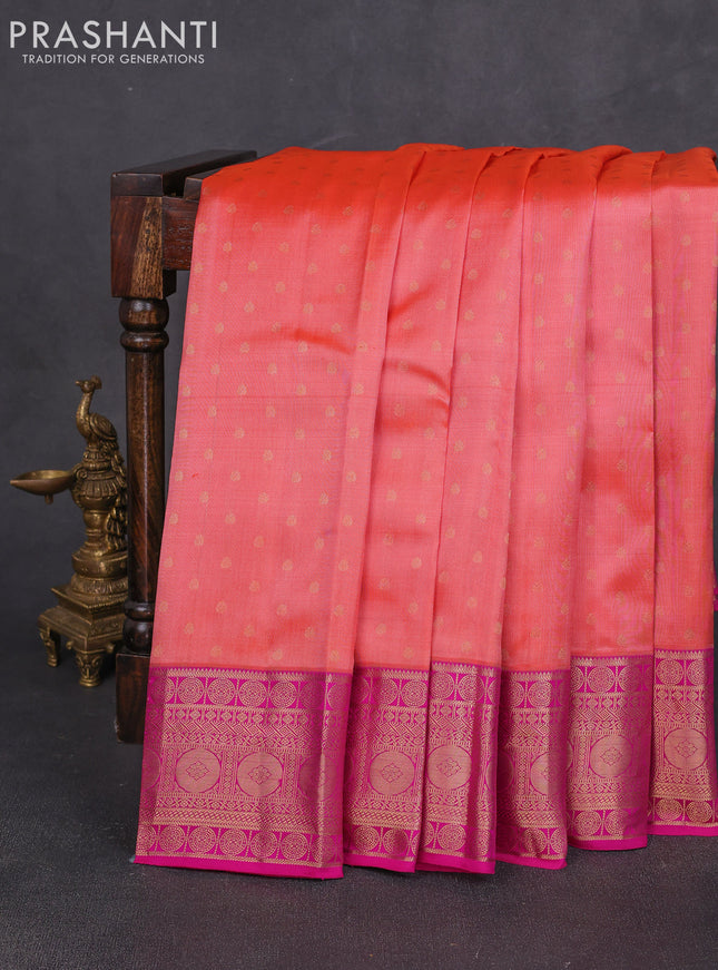 Pure kanchipuram silk saree peach shade and pink with allover zari woven 1000 buttas and zari woven border
