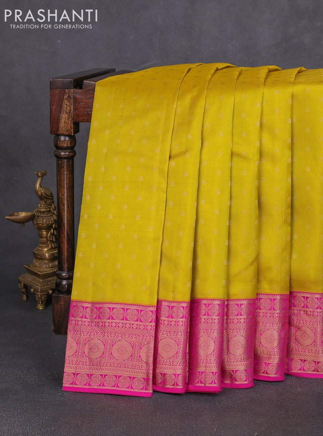 Pure kanchipuram silk saree lime green and pink with allover zari woven 1000 buttas and zari woven border