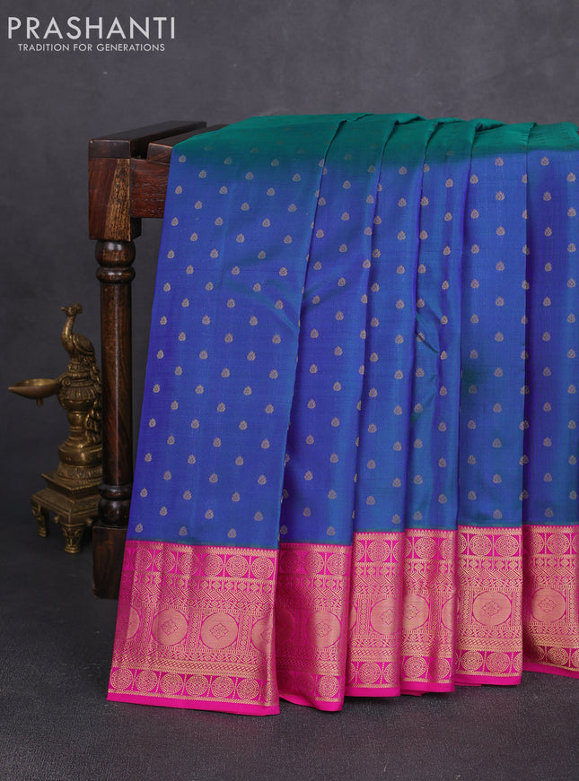 Pure kanchipuram silk saree dual shade of greenish blue and pink with allover zari woven 1000 buttas and zari woven border