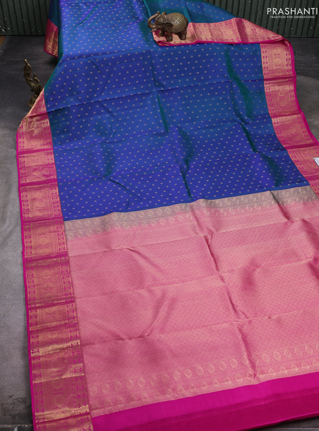 Pure kanchipuram silk saree dual shade of greenish blue and pink with allover zari woven 1000 buttas and zari woven border