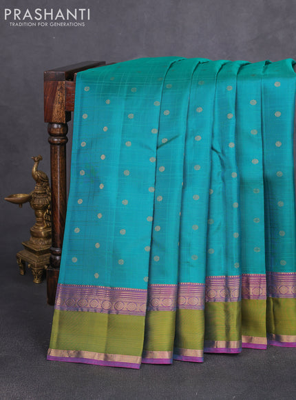 Pure kanchipuram silk saree teal green and pink with allover checks & zari woven 1000 buttas and rettapet zari woven border