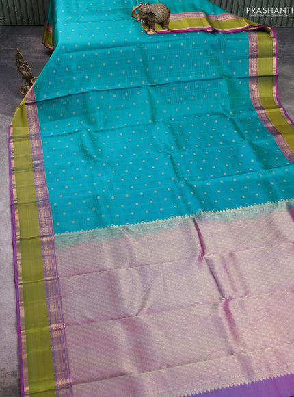 Pure kanchipuram silk saree teal green and pink with allover checks & zari woven 1000 buttas and rettapet zari woven border