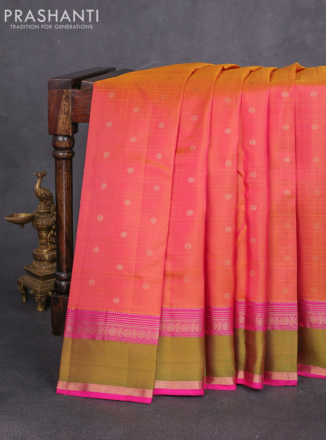 Pure kanchipuram silk saree dual shade of pinkish orange and pink with allover checks & zari woven 1000 buttas and rettapet zari woven border