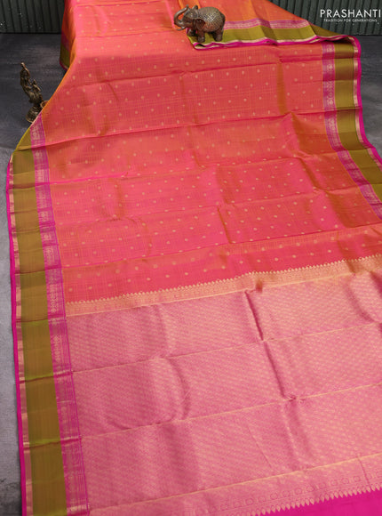 Pure kanchipuram silk saree dual shade of pinkish orange and pink with allover checks & zari woven 1000 buttas and rettapet zari woven border