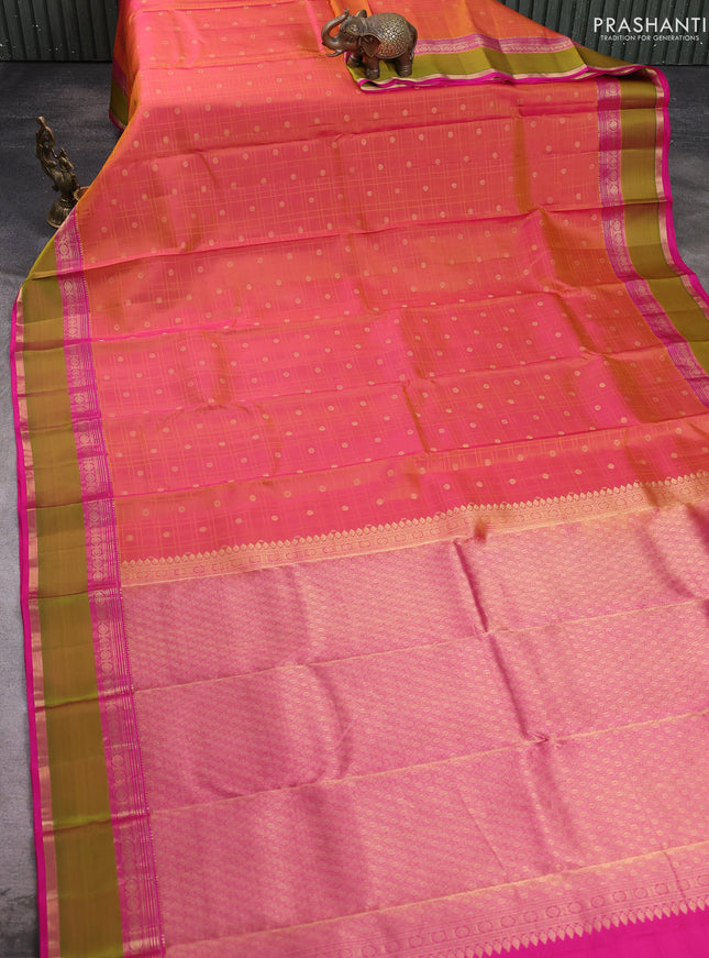 Pure kanchipuram silk saree dual shade of pinkish orange and pink with allover checks & zari woven 1000 buttas and rettapet zari woven border