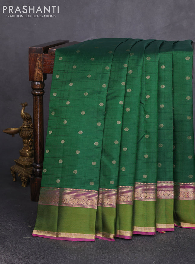 Pure kanchipuram silk saree bottle green and pink with allover checks & zari woven 1000 buttas and rettapet zari woven border